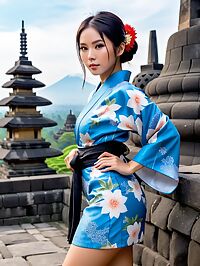 Adult Asian girl in blue Kimono with thong at Borobudur Java