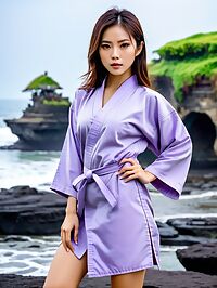 A Korean woman wearing purple karate robes in sunset lit Balinese scenery